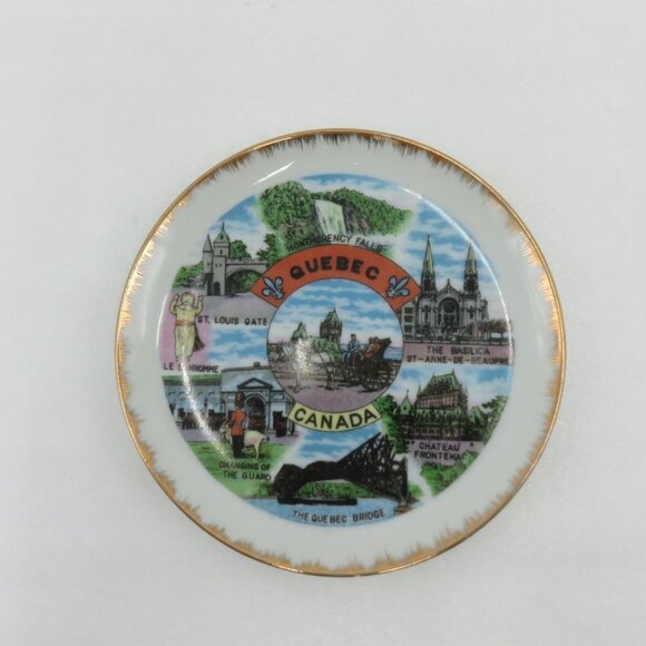 QUEBEC Canada Souvenir Plate Gold Rim and Scenic Landmarks Design Vintage - Picture 9 of 10